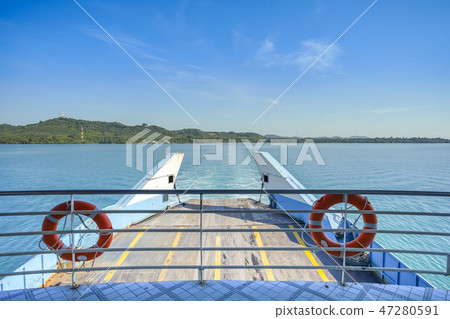 Ferry with life rings in blue sky day. 47280591