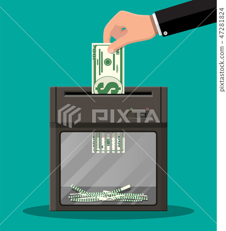 Hand putting dollar banknote in shredder machine 47281824