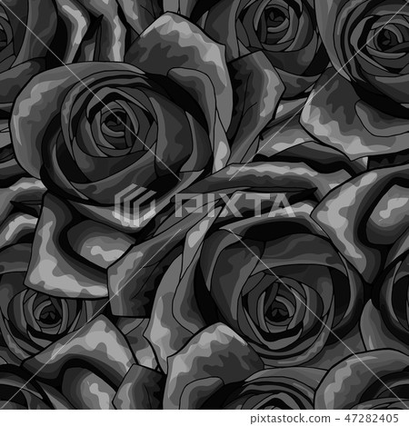 Beautiful black and white monochrome seamless pattern in roses with contours Beautiful black and white monochrome seamless pattern in roses with contours 47282405