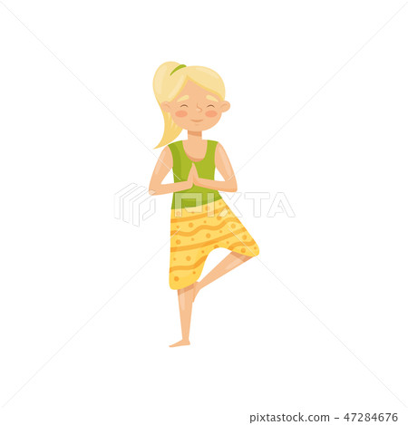 Cute blond girl meditating, standing on one leg. Young woman doing yoga exercise. Flat vector 47284676