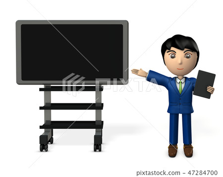 Young men commenting next to a large display 47284700