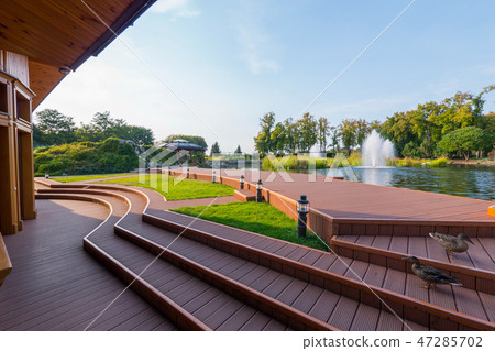 Beautiful view from the wooden platform with ducks 47285702