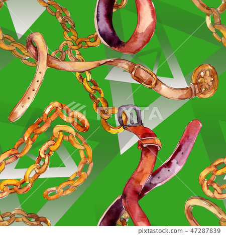 Golden chain and leather belt sketch glamour illustration. Watercolor illustration set. Seamless 47287839