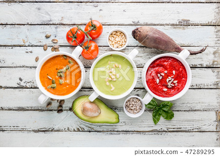 colorful vegetable cream soups colorful vegetable cream soups 47289295