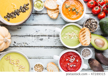colorful vegetable cream soups colorful vegetable cream soups 47289315