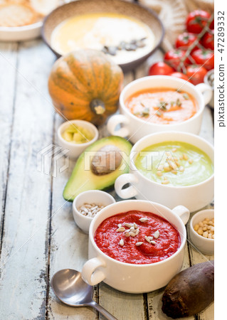 colorful vegetable cream soups 47289332