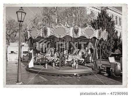 Old carousel with horses Vintage Monochrome pho Old carousel with horses Vintage Monochrome pho 47290998