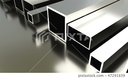 Rolled metal industrial background, 3d render of metal plate, shaped tubes with shining 47291839