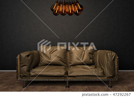 Loft interior mock up photo. Brown leather sofa and minimalist luster with Tesla lamps. Background Loft interior mock up photo. Brown leather sofa and minimalist luster with Tesla lamps. Background 47292267