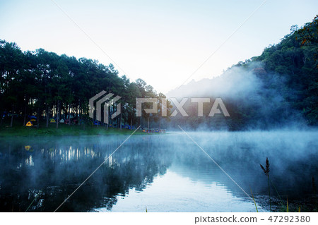Pang oung reservoir with fog. Pang oung reservoir with fog. 47292380
