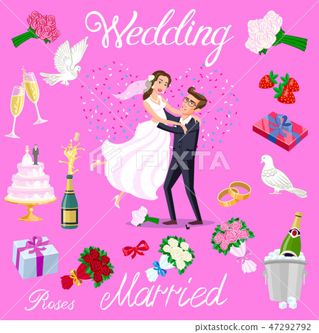 Set Vector Wedding Just Married Couple Newlyweds 插圖素材 圖庫