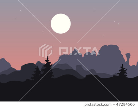 Mountain landscape with single trees under a purple night or evening sky with rising moon. Vector 47294500