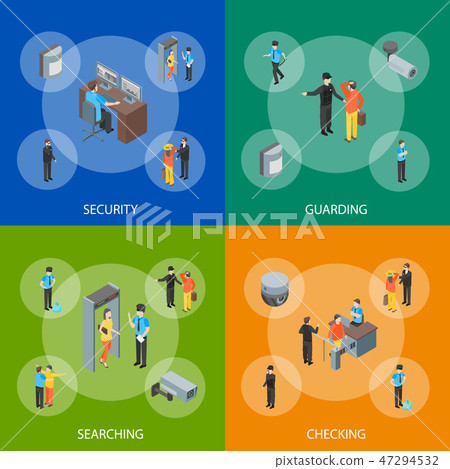 Security System People and Equipment 3d Banner Set Isometric View. Vector 47294532
