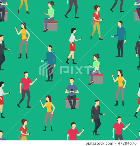 Cartoon Characters People Watch Cell Phones Seamless Pattern Background. Vector 47294576