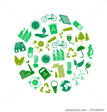 Cartoon Ecology Signs Green Round Design Template Ad. Vector 47294647