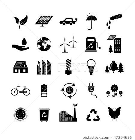 Cartoon Silhouette Black Ecology Signs Icons Set. Vector 47294656