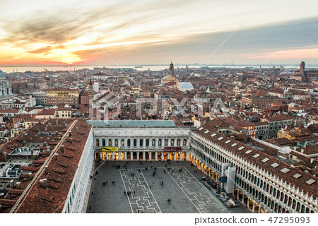Evening view of the city of Venezia from the bell tower of Venice San Marco Square 47295093