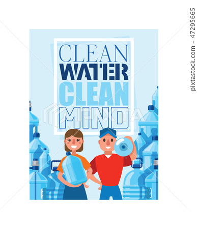 Water bottle vector man woman character delivering clean water drink liquid aqua bottled in plastic 47295665