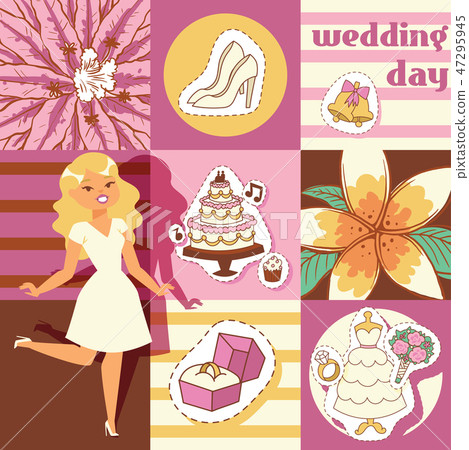 Wedding day background vector illustration. Cartoon cheerful ride woman waiting for party. White 47295945