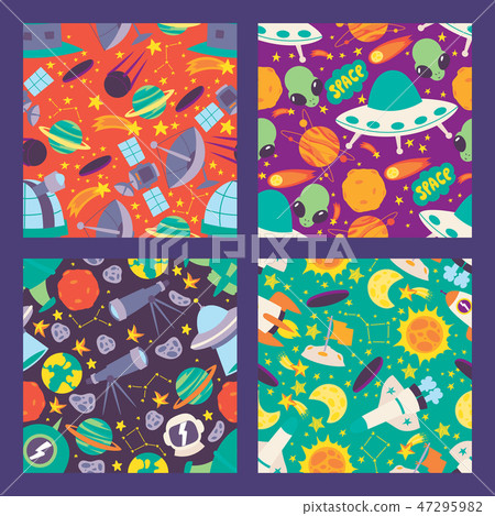 Space seamless pattern. Planets, moon, satellites, rockets and stars. Cartoon alliens and UFO 47295982