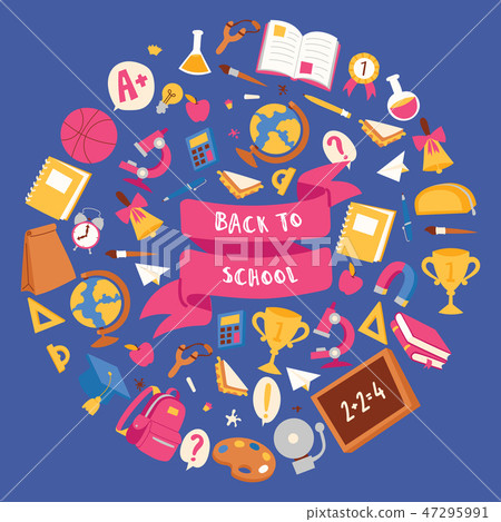 Back to school poster with backpack supplies for studying, globe, scissors vector illustration 47295991