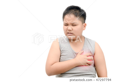 Obese fat boy clutching his chest from acute pain Obese fat boy clutching his chest from acute pain 47297794