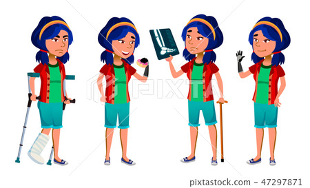 Asian Girl Kid Poses Vector. School Child. Disabled. Amputation Prosthesis. Smile, Activity 47297871