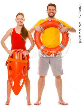 Lifeguards with rescue and ring buoy lifebuoy. Lifeguards with rescue and ring buoy lifebuoy. 47298020