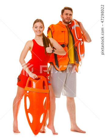 Lifeguards with rescue ring buoy and life vest. 47298022