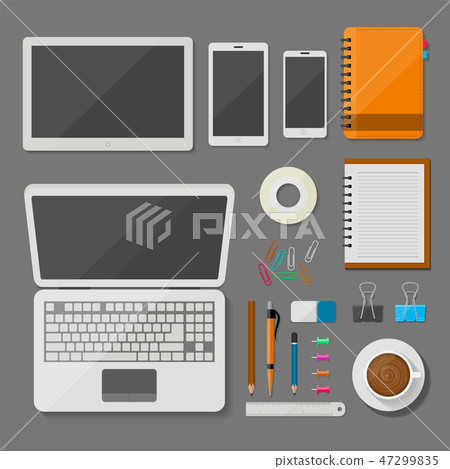 Top view laptop tablet smartphone and workplace Top view laptop tablet smartphone and workplace 47299835