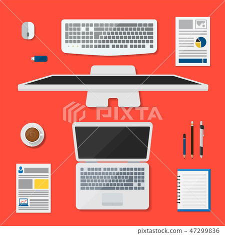 Top view desktop computer notebook and document 47299836