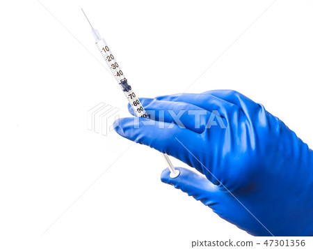 Doctor's hand in blue medical glove holding open syringe with medical solution isolated white Doctor's hand in blue medical glove holding open syringe with medical solution isolated white 47301356
