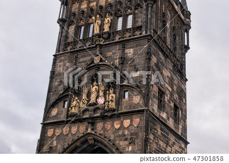 Old town tower at the end of Charles bridge, Prague 47301858