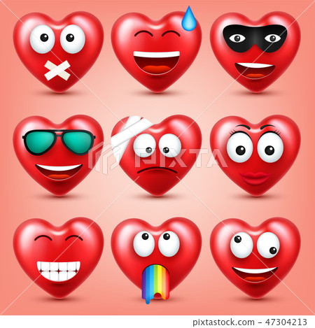 Heart smiley emoji vector set for Valentines Day. Funny red face with expressions and emotions. Love Heart smiley emoji vector set for Valentines Day. Funny red face with expressions and emotions. Love 47304213