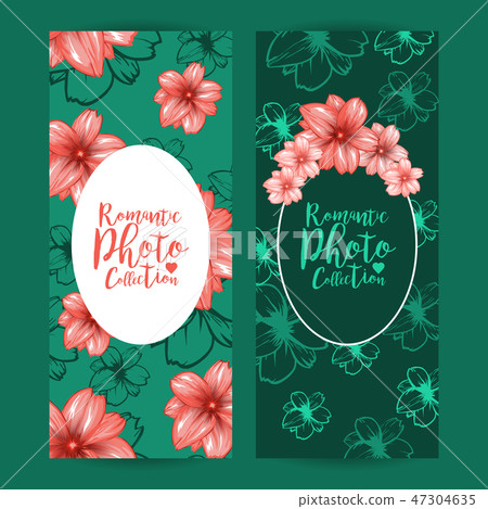 Vertical flyers or brochure design with decorative oval frame and cherry pink flowers pattern. Vertical flyers or brochure design with decorative oval frame and cherry pink flowers pattern. 47304635