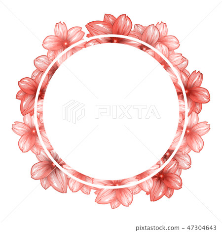 Romantic circle photo frame with pink cherry flowers. 47304643