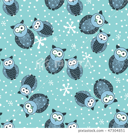 Seamless winter pattern with cute owls and snow - Stock Illustration ...