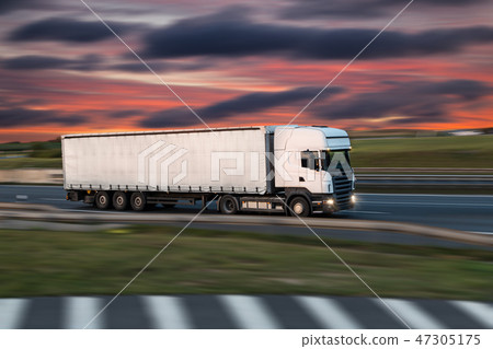 Truck with container on road, cargo transportation concept. 47305175