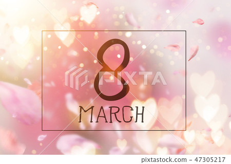 Abstract composition for Women's Day. Pink flower petals flying with hearts symbols. Abstract composition for Women's Day. Pink flower petals flying with hearts symbols. 47305217
