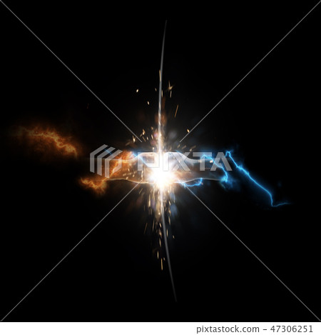 Close up of two fists hitting each other over dark. Fire VS electric energy 47306251