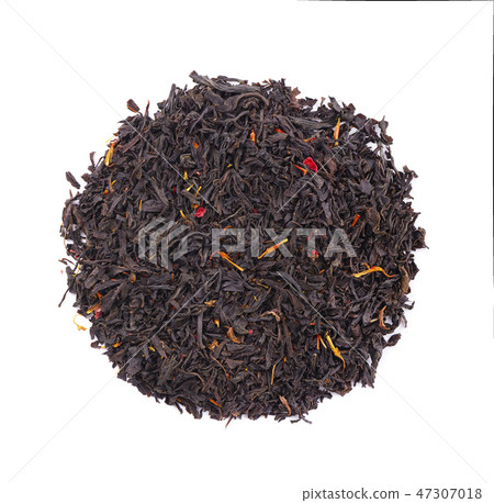 Black Ceylon tea with flower petals and bergamot, isolated on white background. Top view. Black Ceylon tea with flower petals and bergamot, isolated on white background. Top view. 47307018