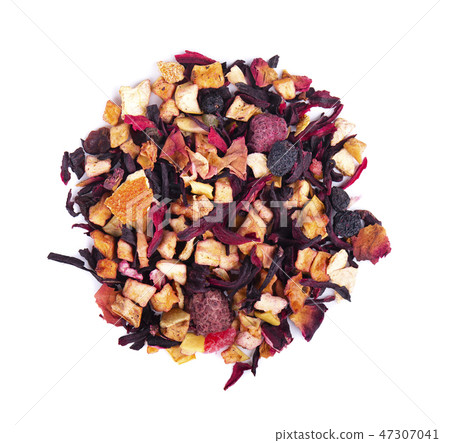 Fruit tea with hibiscus, apple, raspberry, rose petals and dog-rose, isolated on white background 47307041