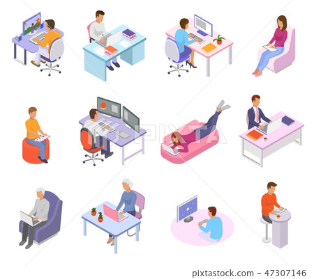 People work place vector business worker character person working on laptop computer at the table in People work place vector business worker character person working on laptop computer at the table in 47307146