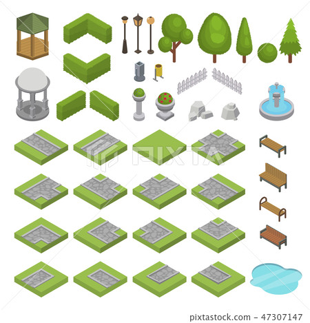 Park vector isometric parkland with green garden trees grass and bench fountain pond in city 47307147