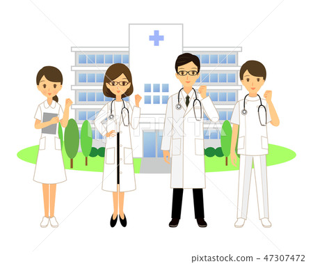 Medical team guts pose hospital background whole body 47307472