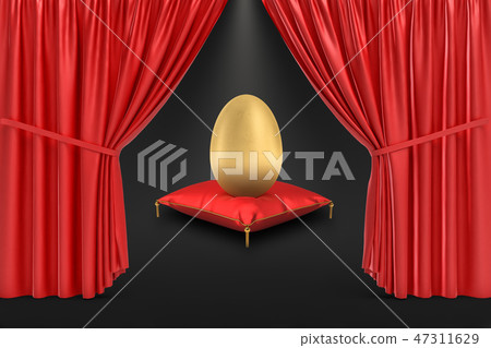 3d rendering of a golden egg on a red royal pillow on a black background with red stage curtains on 3d rendering of a golden egg on a red royal pillow on a black background with red stage curtains on 47311629