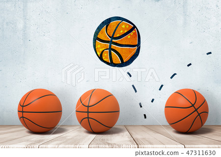 3d rendering of three basketballs in a row on wooden floor and a wall drawing of one more basketball 3d rendering of three basketballs in a row on wooden floor and a wall drawing of one more basketball 47311630