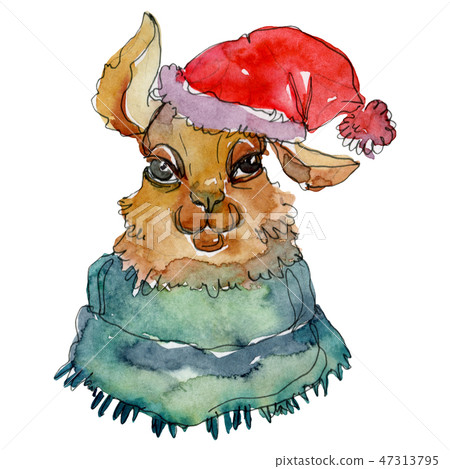 Cartoon character lama animal in a watercolor style. Watercolor background illustration set Cartoon character lama animal in a watercolor style. Watercolor background illustration set 47313795