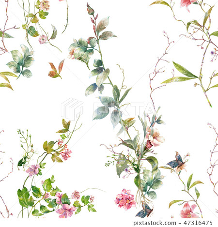 Watercolor painting of leaf and flowers, seamless  47316475
