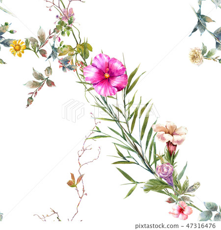 Watercolor painting of leaf and flowers, seamless Watercolor painting of leaf and flowers, seamless 47316476